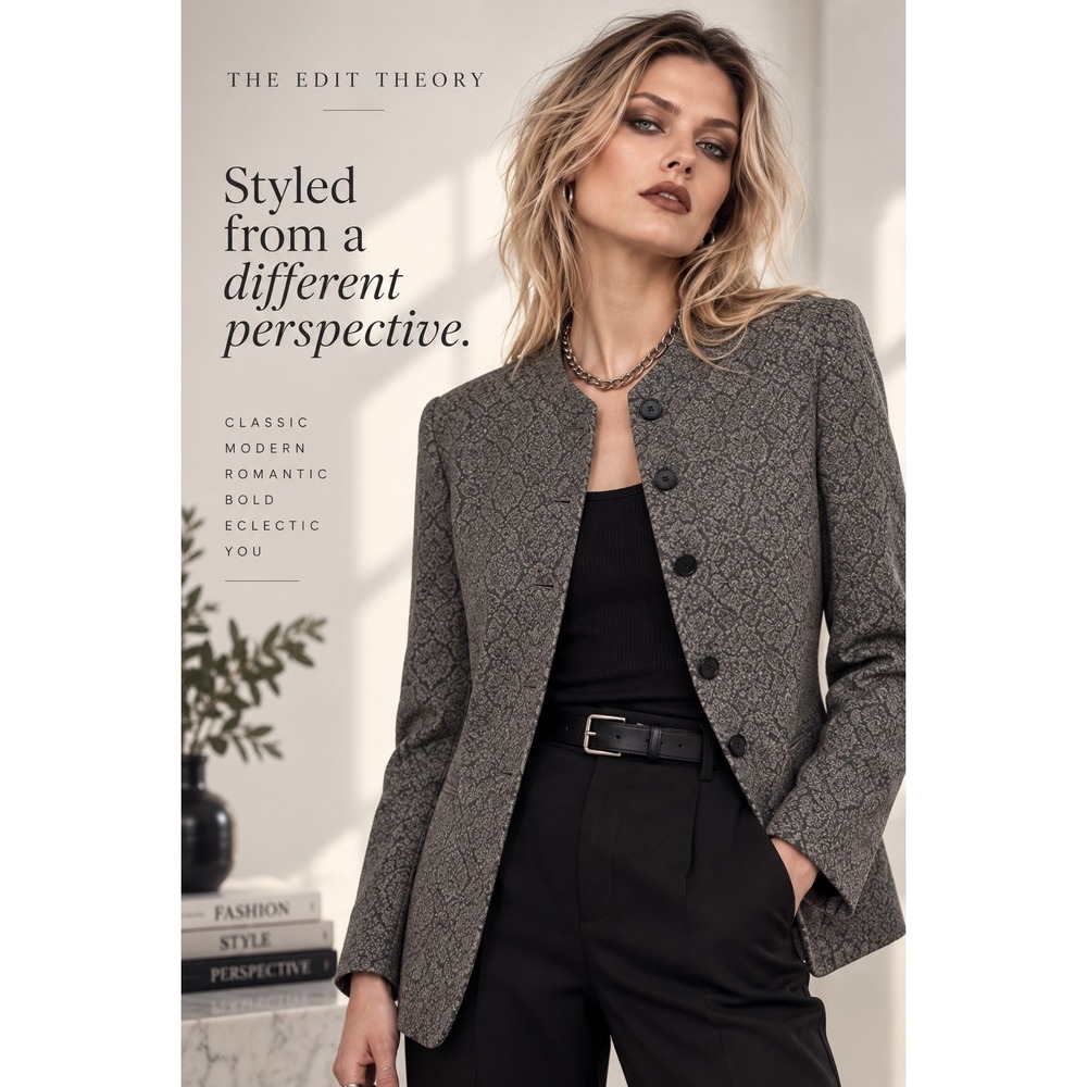Jones New York Plus Gray Black Jacquard Collarless Blazer Office Goth
